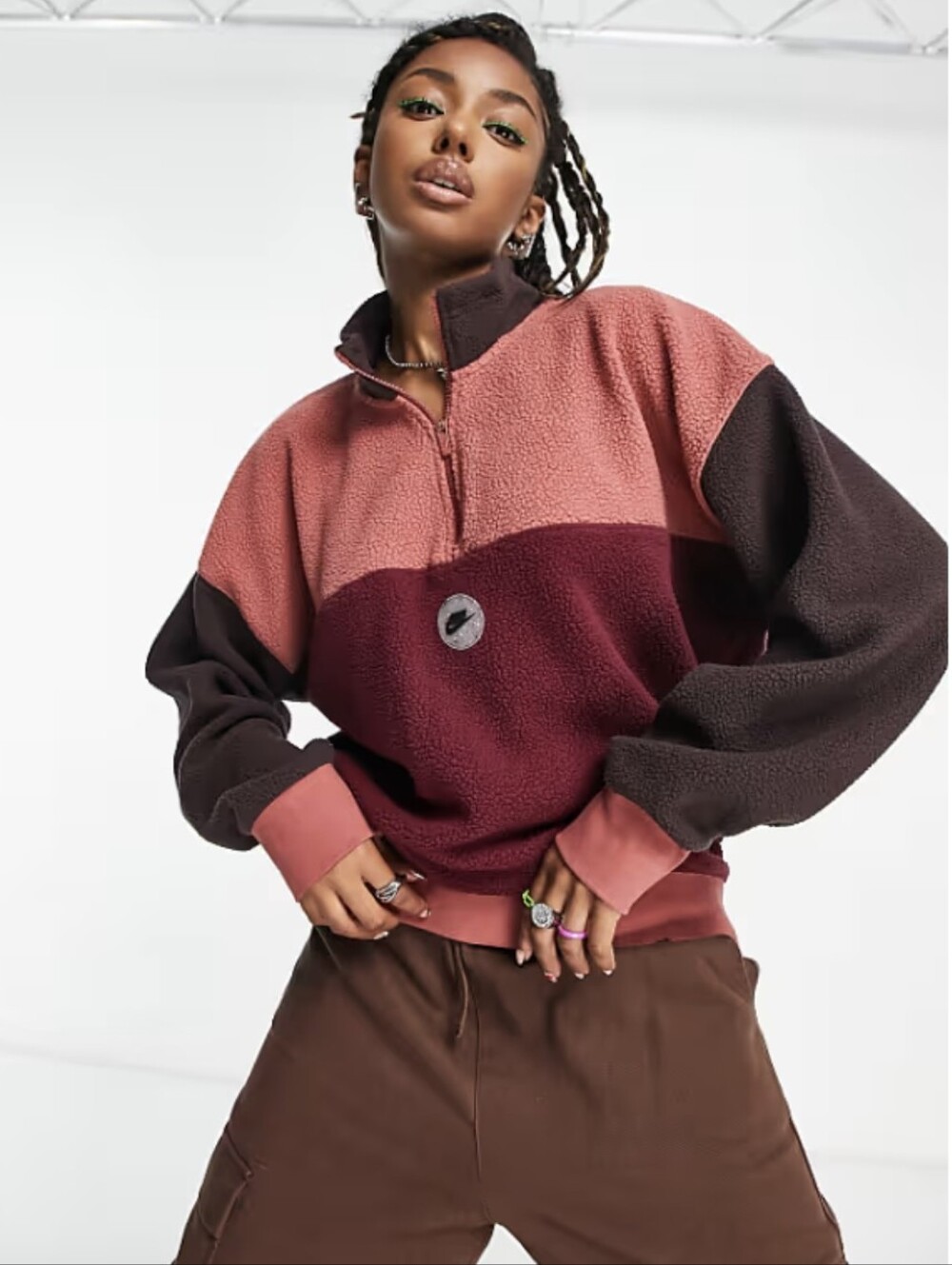 Nike Colorblock Quarter-Zip Fleece Pullover - Pink, Burgundy, Brown